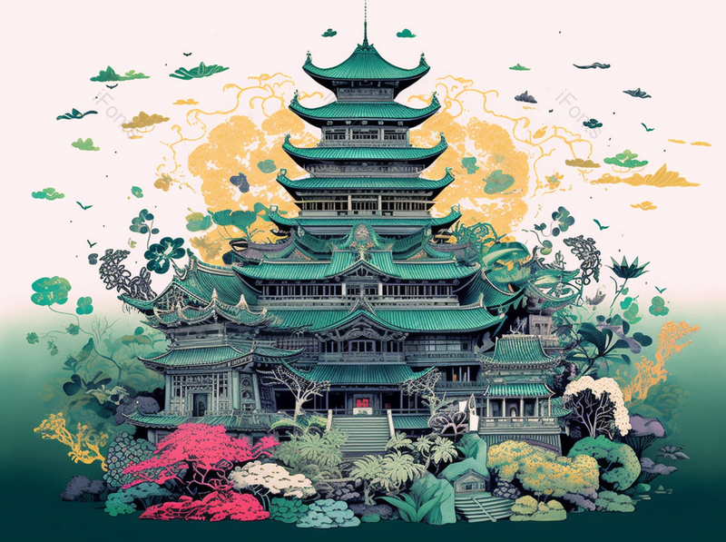 青色的中国风古典建筑插画背景,插画/手绘图,插画/手绘图库,插画/手绘图下载,插画/手绘